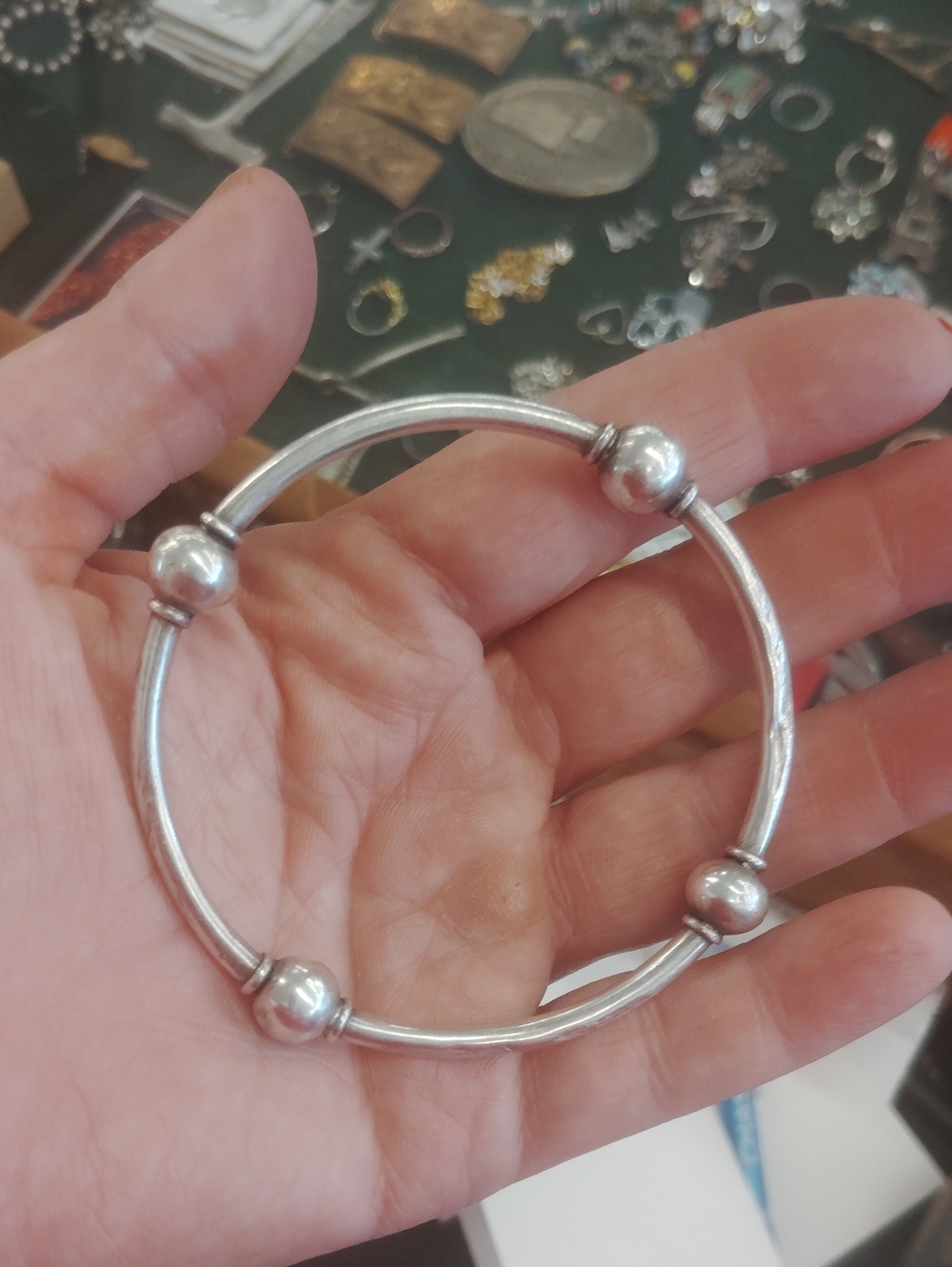 Sterling Silver Beaded Bangle Bracelet - Silver